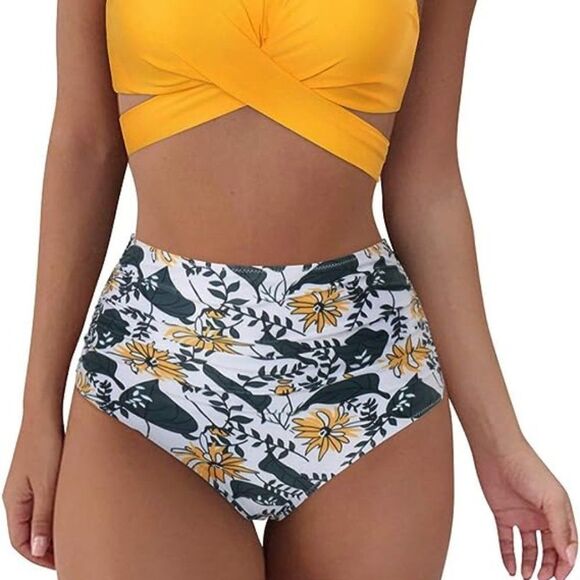 MARIGOLD & FOREST GREEN RUCHED HIGH WAIST BIKINI BOTTOMS SIZE XL NWOT - Picture 1 of 10